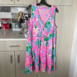 V-neck sleeveless pink print two tiered dress